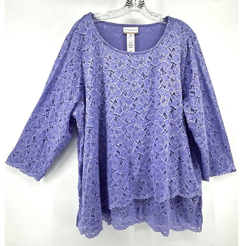 Alfred Dunner Woman Purple Floral Lace Tiered Hem 3/4 Sleeve Blouse Top 2X